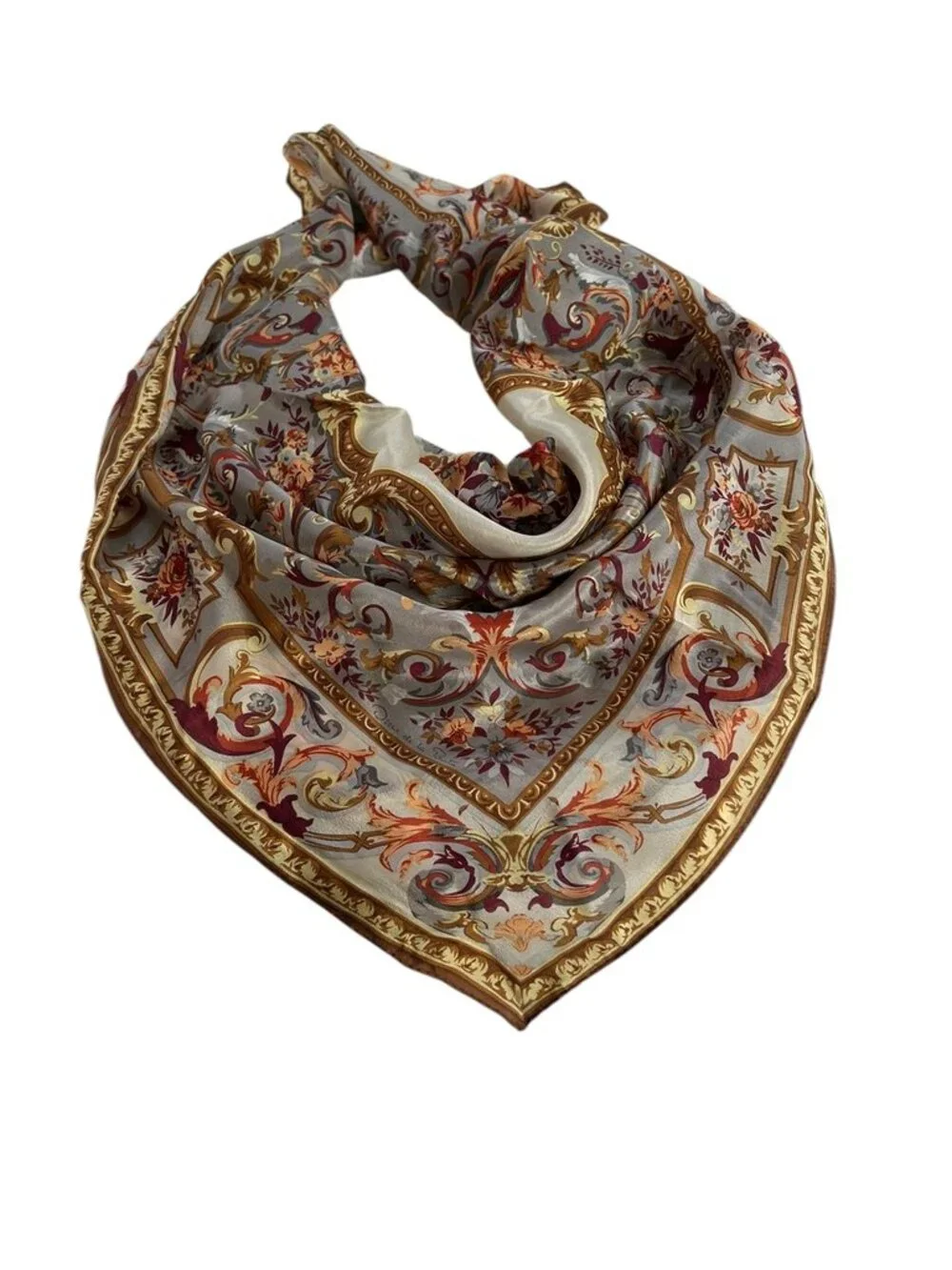 Oscar de la Renta gold burgundy floral Silk vintage Spring hand sewn scarf 31 sq
